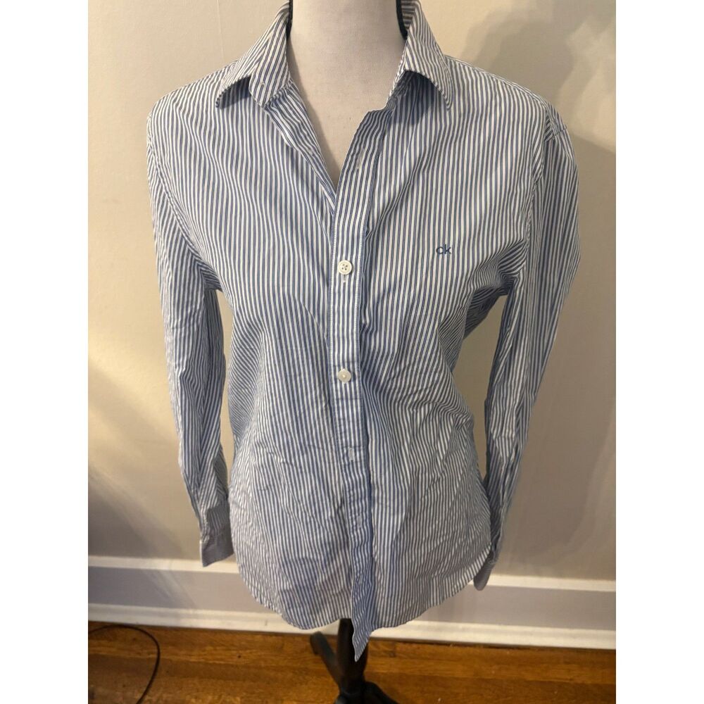 Calvin Klein Women's Small Blue White Striped Long Sleeve Shirt